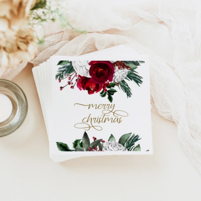 HOLLY Burgundy Gold Floral Merry Christmas Napkin (Creator Uploaded)