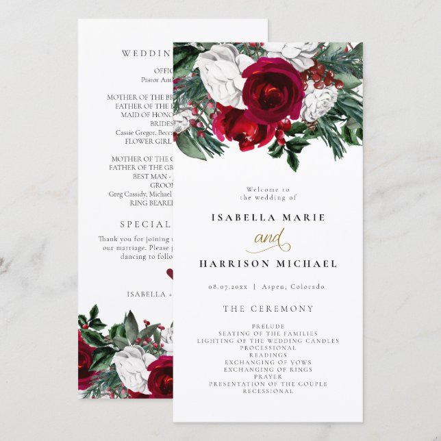 HOLLY Burgundy Winter Floral Gold Wedding Program Thank You Card (Front/Back)