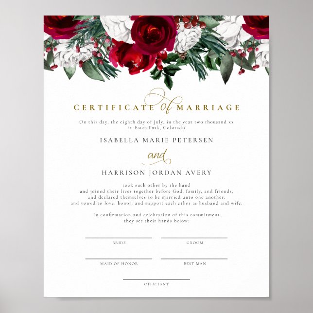 HOLLY Burgundy Winter Floral Marriage Certificate Poster (Front)