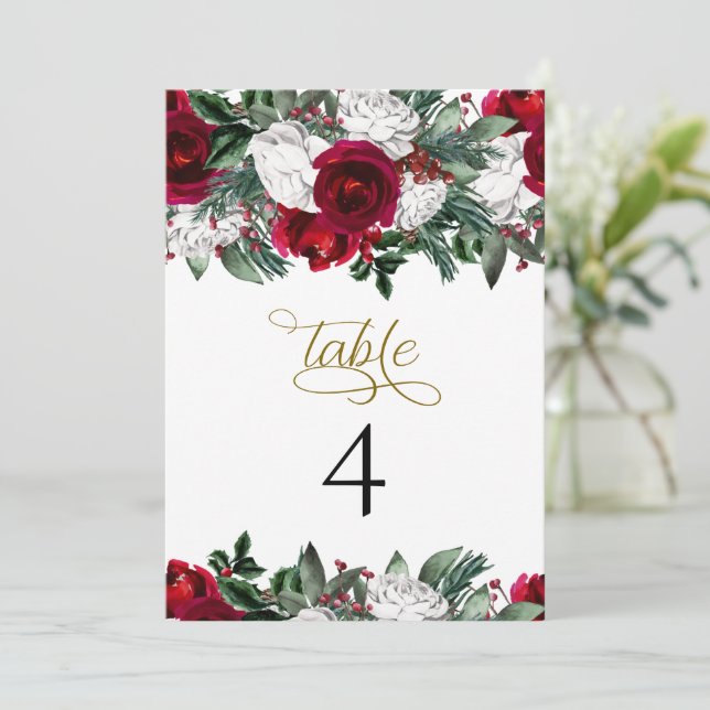 HOLLY Burgundy Winter Floral Table Number Cards (Standing Front)