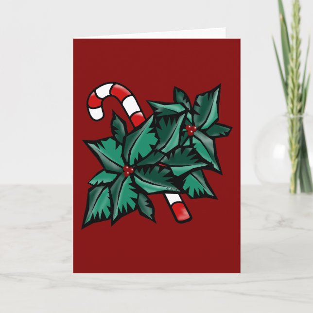 Holly & Candy Cane Holiday Card (Front)