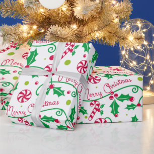 Holly Candy Cane Merry Christmas Script Wrapping Paper