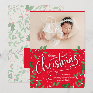Holly Christmas Baby Photo Birth Announcements