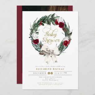 HOLLY Christmas Burgundy Floral Photo Baby Shower Invitation