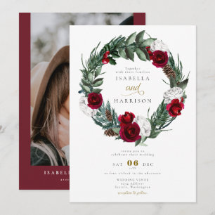 HOLLY Christmas Burgundy Floral Photo Wedding Invitation