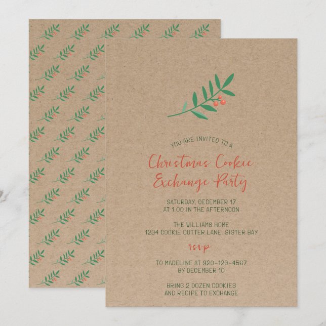 Holly Christmas Cookie Exchange Kraft Party  Invitation (Front/Back)