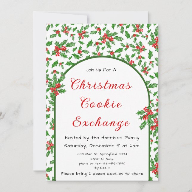 Holly Christmas Cookie Exchange Red and Green Invitation (Front)