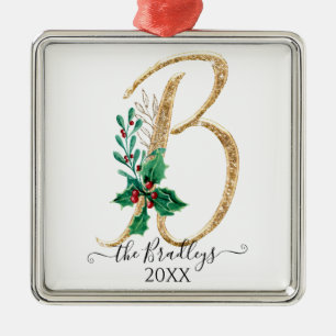 Holly Christmas Gold Glitter Family Monogram B Metal Tree Decoration