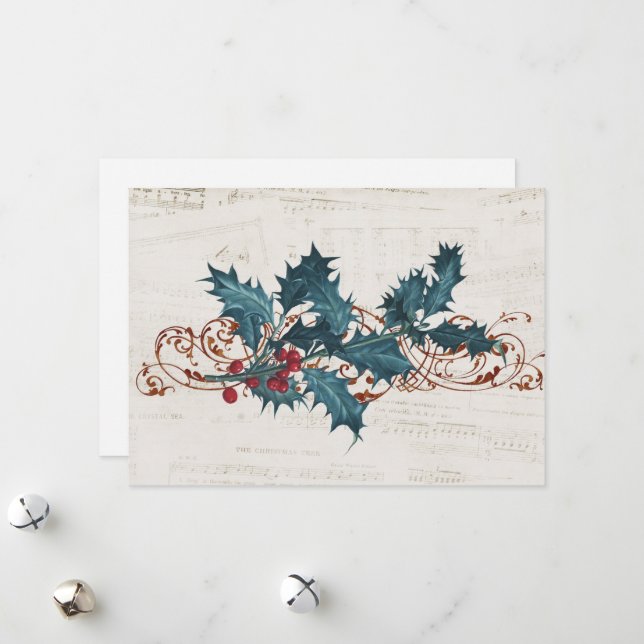 Holly Christmas Music Vintage Blank Holiday Card (Front/Back In Situ)