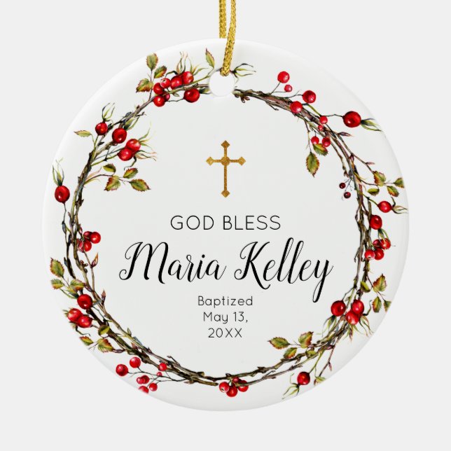 Holly christmas Personalised Girl Baptism Ornament (Front)