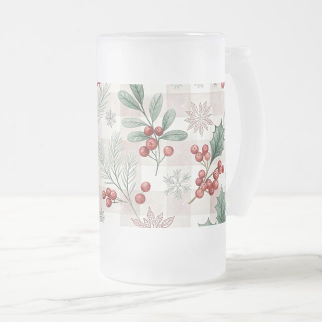 Holly Christmas Snow Watercolor Frosted Glass Beer Mug (Front Right)