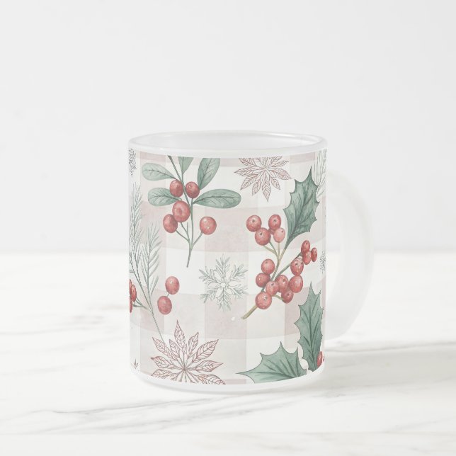 Holly Christmas Snow Watercolor Frosted Glass Coffee Mug (Front Right)