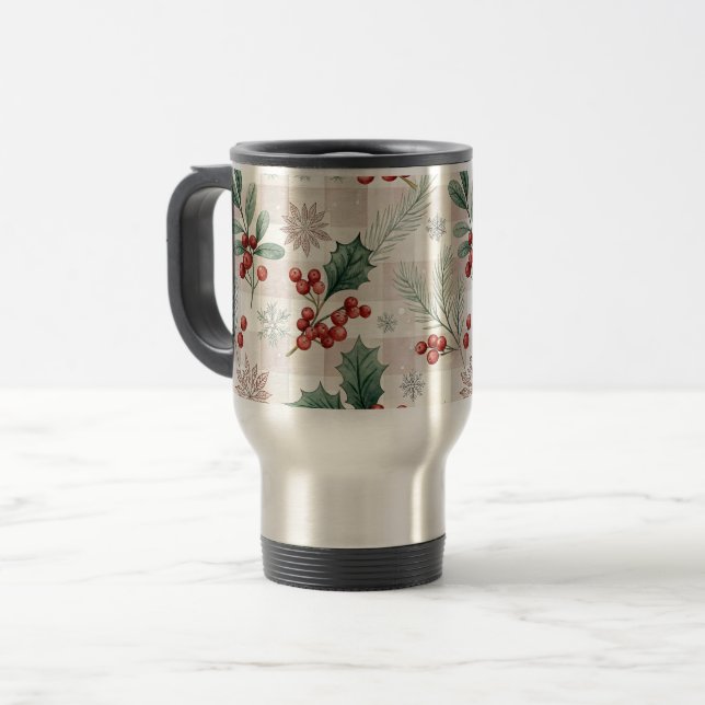 Holly Christmas Snow Watercolor Travel Mug (Front Left)