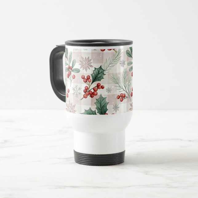 Holly Christmas Snow Watercolor Travel Mug (Front Left)