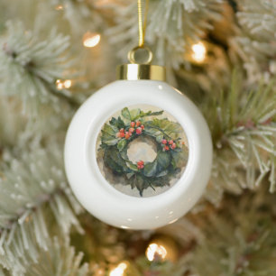 Holly Christmas wreath Ceramic Ball Christmas Ornament