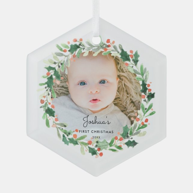 Holly Christmas Wreath Photo Baby First Christmas  Glass Tree Decoration (Front)