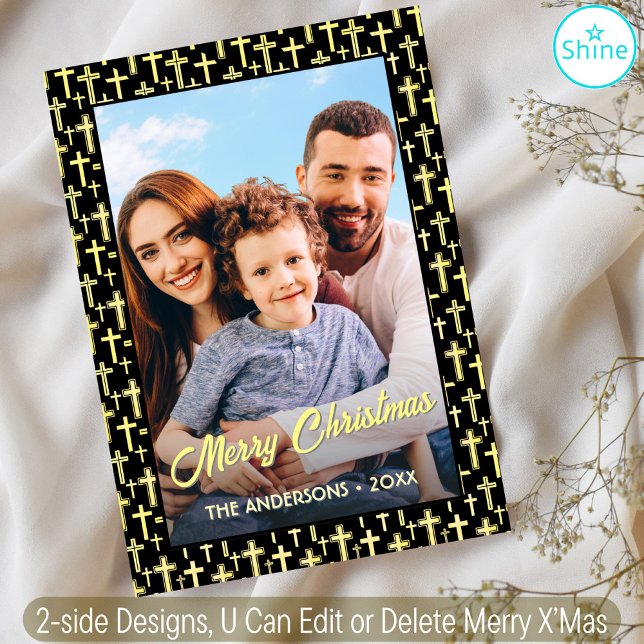 Holly Cross Family Photo Christmas Religious Faith Holiday Card (Creator Uploaded)