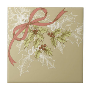 Holly-Day Sketch Holly Berries and Leaves Tile