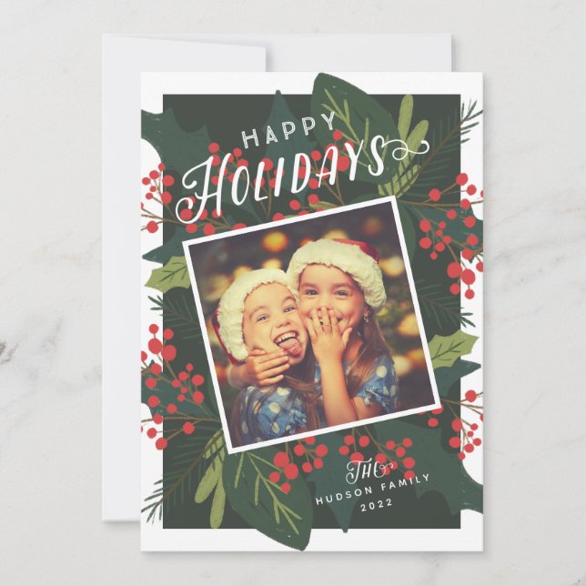 Holly Days | Happy Holidays Tilted Photo Holiday Card (Front)