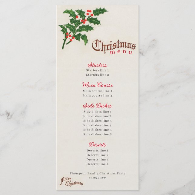 Holly Elegant Festive Christmas Dinner Party Menu (Front)