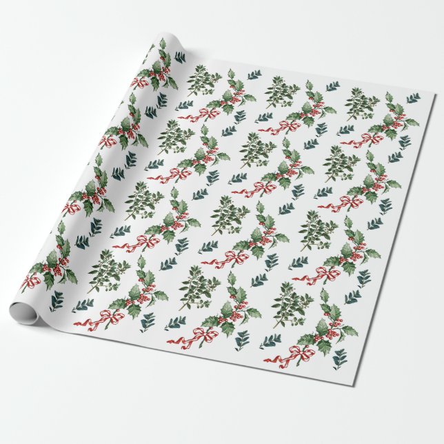 Holly Evergreen Christmas Holiday Vintage Greenery Wrapping Paper (Unrolled)