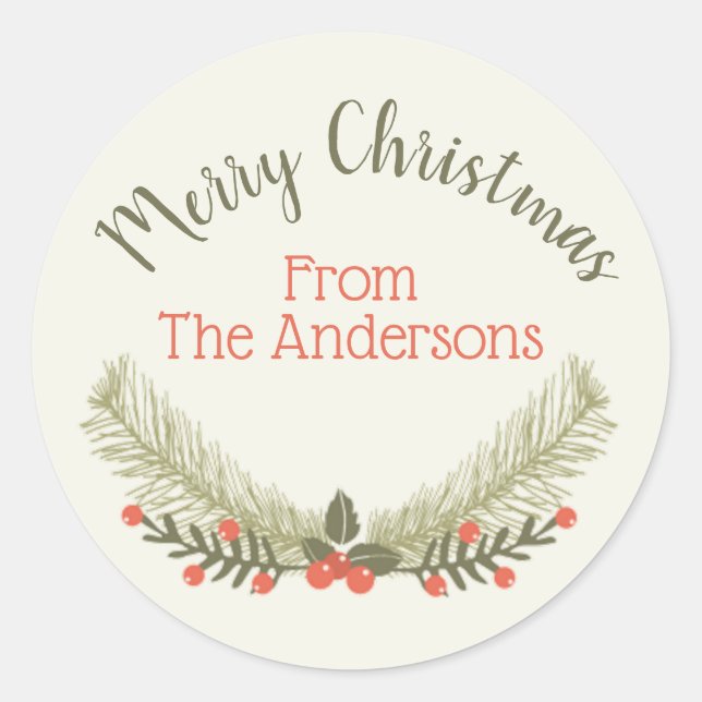 Holly Evergreen Merry Christmas Classic Round Sticker (Front)