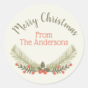 Holly Evergreen Merry Christmas Classic Round Sticker
