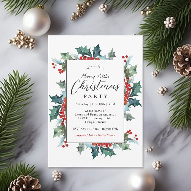 Holly Evergreens Merry Little Christmas Party Invitation (Available in both printed and instant download digital formats.)