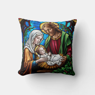 Holly family crystal stained glass image  cushion
