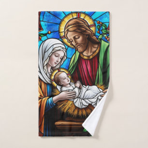 Holly family crystal stained glass image  hand towel