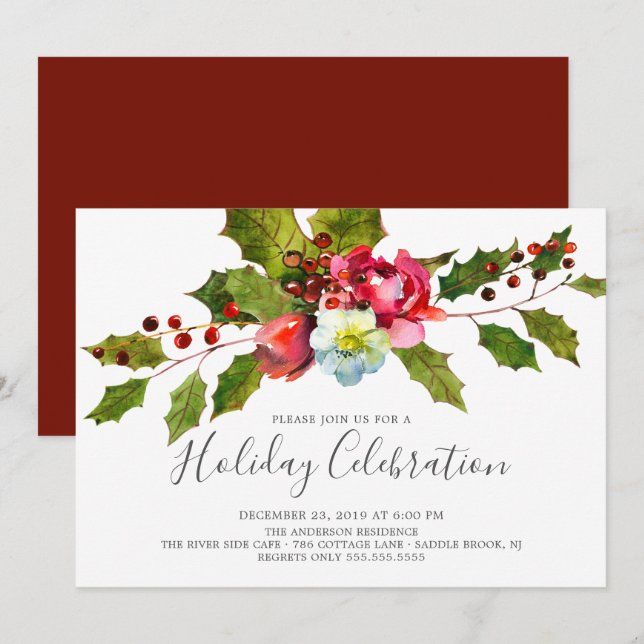 Holly Floral Christmas Holiday Party Invitation (Front/Back)