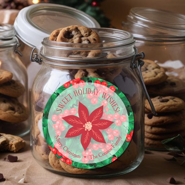 Holly Floral Christmas Homemade Holiday Baking Classic Round Sticker (Holly Berries and Poinsettia  Christmas Homemade Holiday Baking 3" Round Stickers)