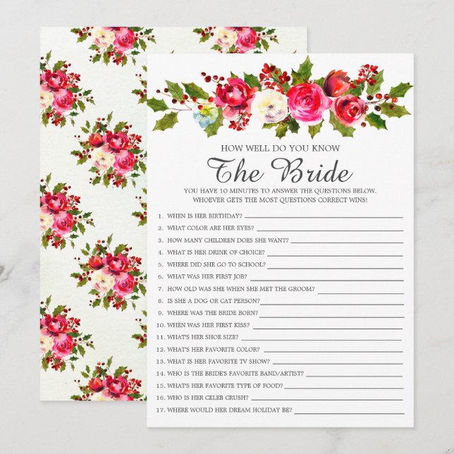 Holly Floral How Well Do You Know The Bride Game Invitation (Front/Back)