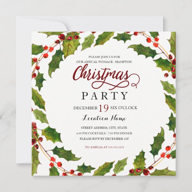 Holly Flourish Red Green Christmas Party Invite (Front)