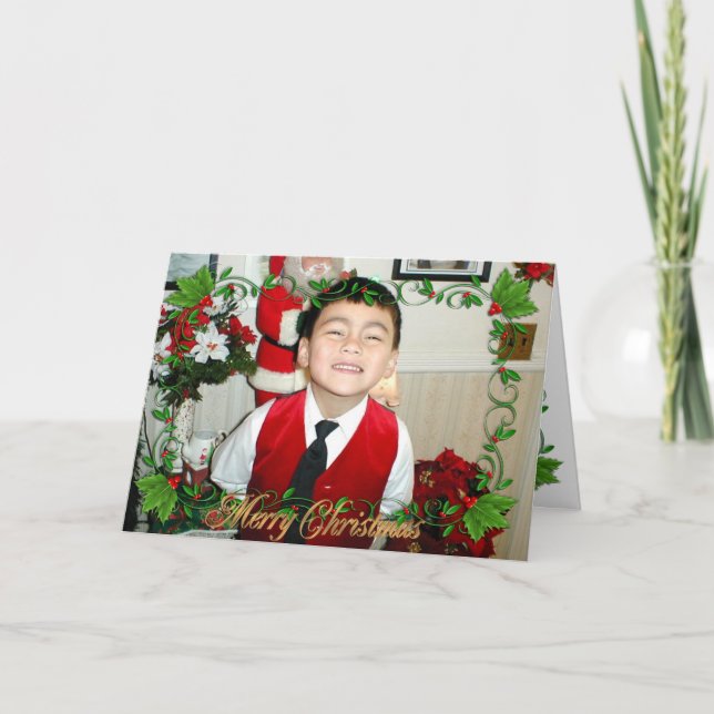 Holly Frame Christmas photo card (Front)