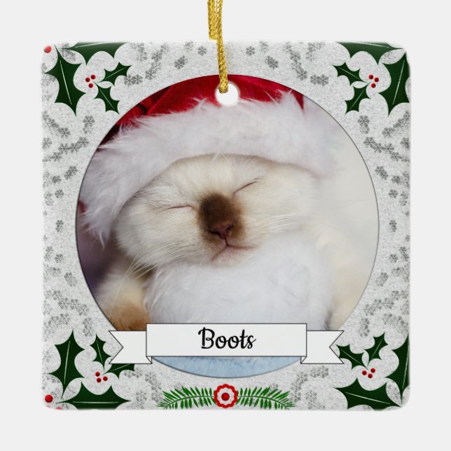 Holly Frame Customisable Kitty Ceramic Ornament (Front)