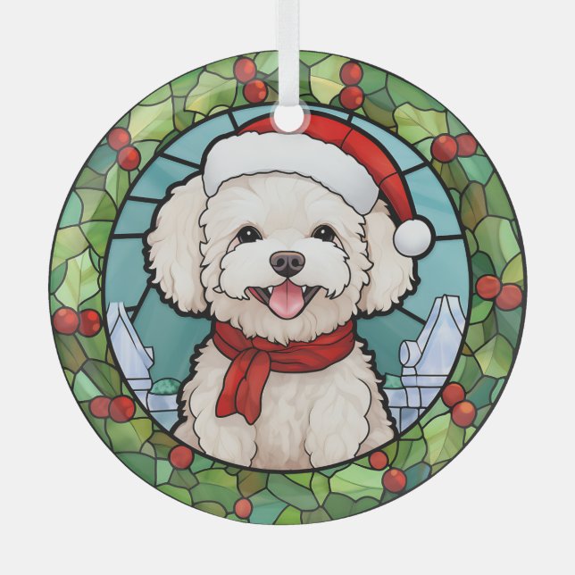 Holly Frame Santa Bichon Frise Dog Christmas Glass Tree Decoration (Front)