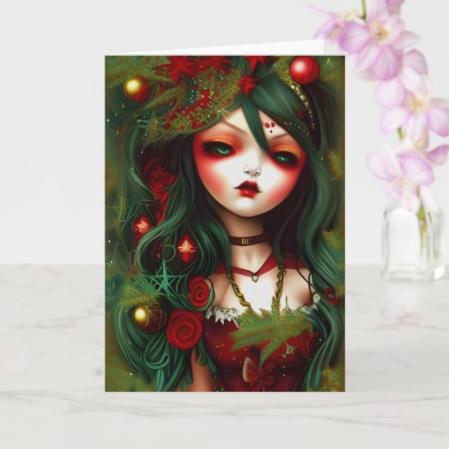 Holly Gothic Illustration Christmas Card (Orchid)