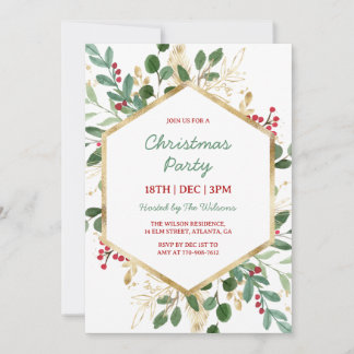 Holly Green and Gold Christmas Party Invitation