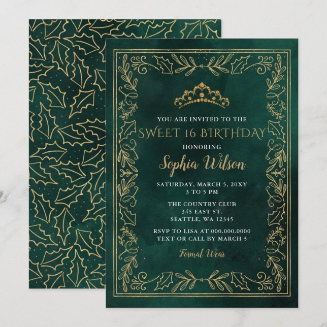 Holly Green Gold Princess Tiara Sweet 16 Birthday  Invitation (Front/Back)