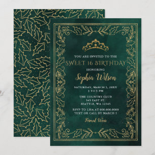 Holly Green Gold Princess Tiara Sweet 16 Birthday  Invitation