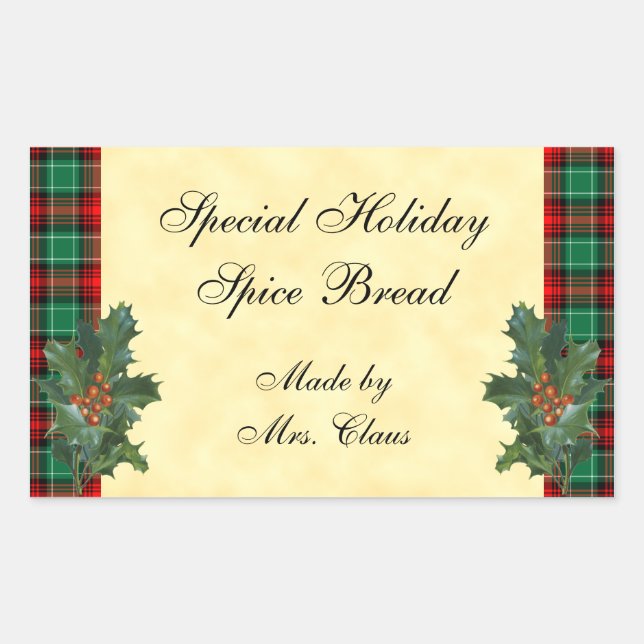 Holly Green Red Plaid Holiday Baking Sticker (Front)