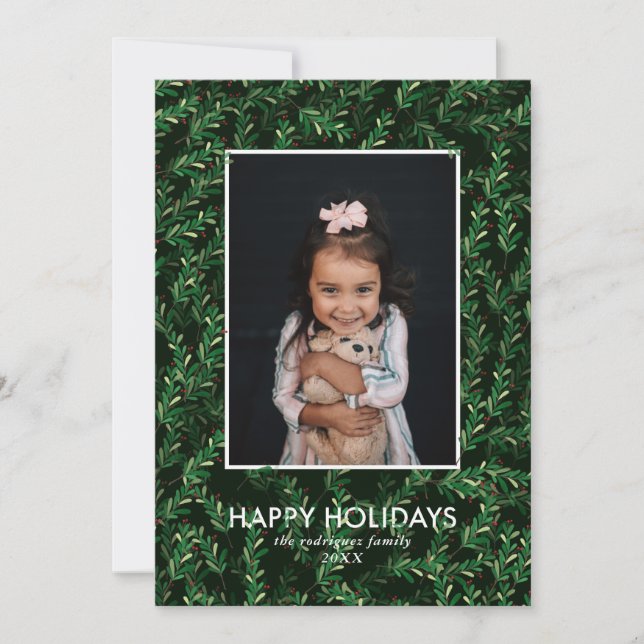 Holly Greenery Christmas Photo Holiday Card (Front)