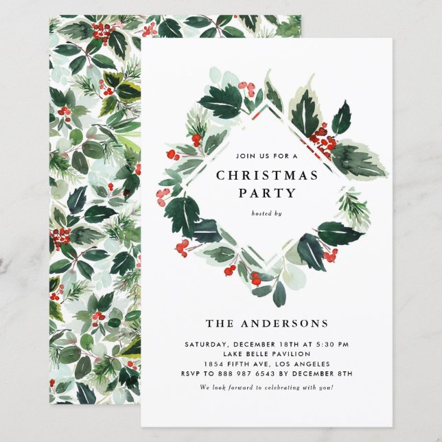 Holly Greenery Winter Christmas Party Invitation (Front/Back)