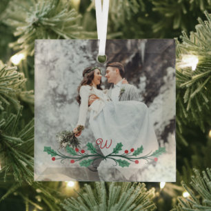 Holly Haf Wreath Monogram Winter Wedding Photo Glass Tree Decoration