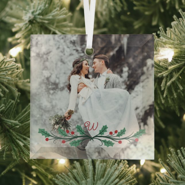 Holly Haf Wreath Monogram Winter Wedding Photo Glass Tree Decoration (Insitu)