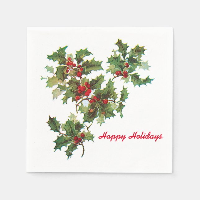 Holly Happy Holidays Cocktail Paper Napkin (Front)