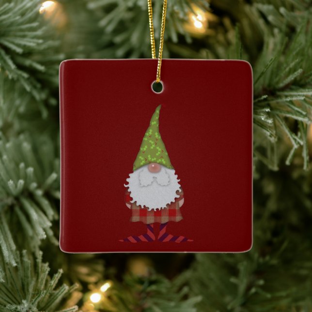 Holly Hatted Christmas Gnome Ceramic Ornament (Tree)