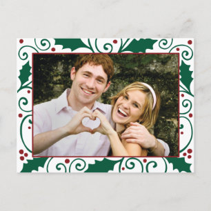 Holly Holiday Green & Red on White Photo Postcard