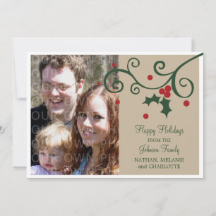Holly Holiday Photo Flat Card, Beige Card